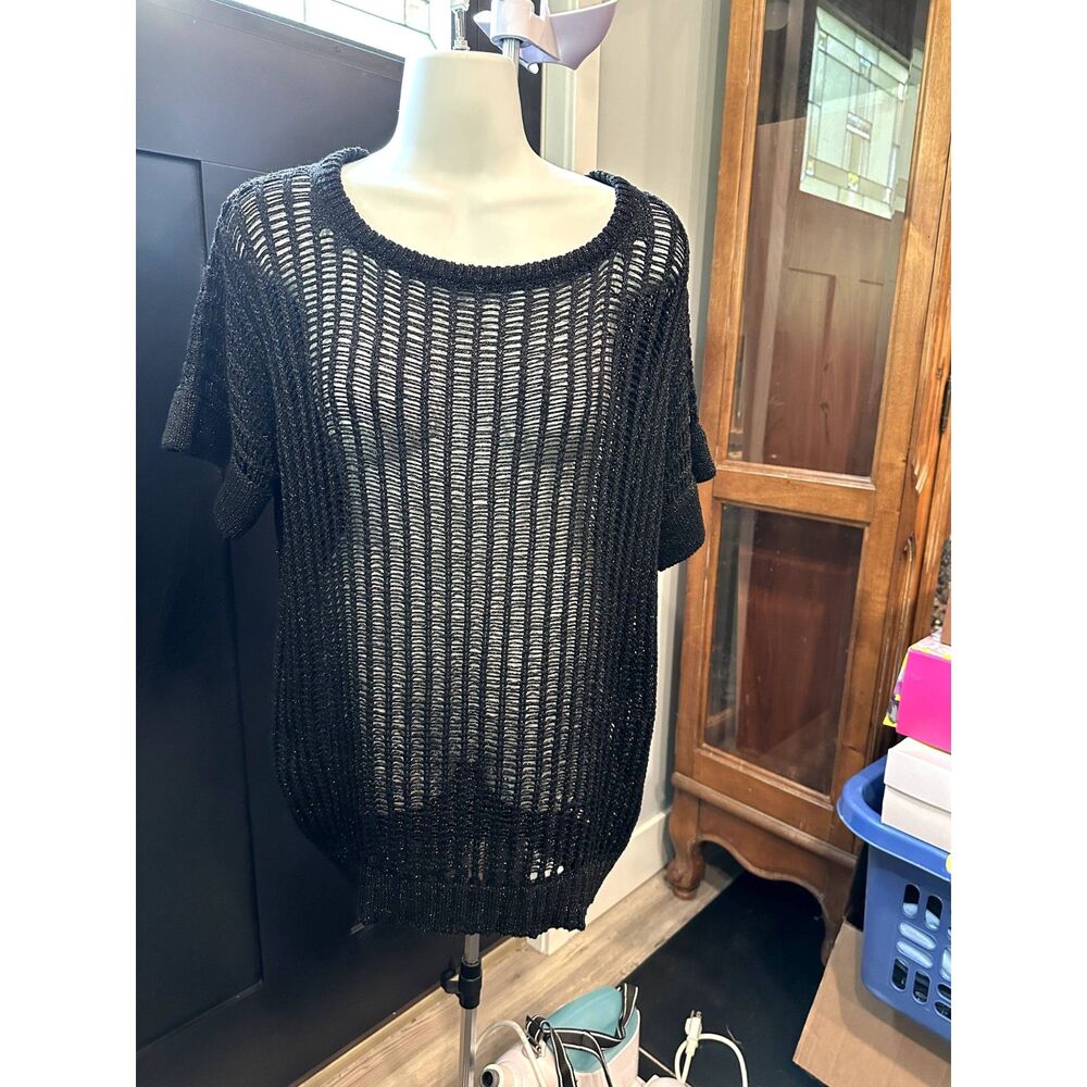 JIJIL sz 42 OVERSIZED Black Loose Knit Top- short sleeve, sparkle womens medium